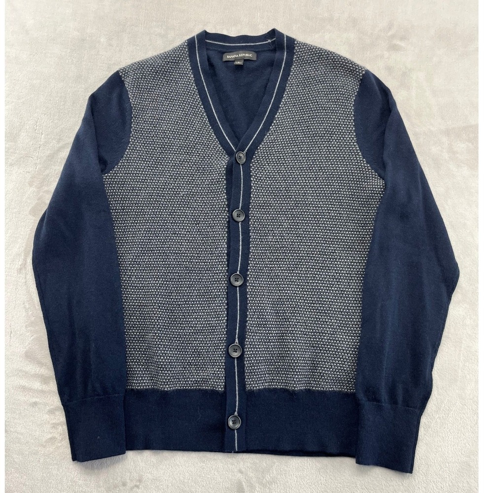 Banana Republic Cardigan Women Small Navy Blue Grey Textured V-Neck Merino Wool
